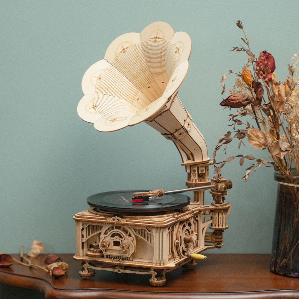 Puzzle 3D Gramophone En Bois à Construire - Maquette Adulte DIY, Kit De Construction - Cadeau Créatif Noël Anniversaire